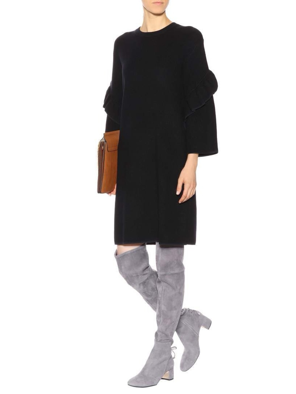 🏙️👢Tory Burch Laila Over The Knee Boots Carbon Grey Suede Gold Heel – Size 7.5
